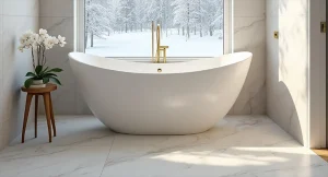 Type vloeren | Marmer look met los staande badkuip voor een raam.